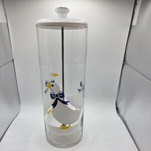 Vintage White Blue Ribbon Goose Grandma Core Straw Container Dispenser Holder